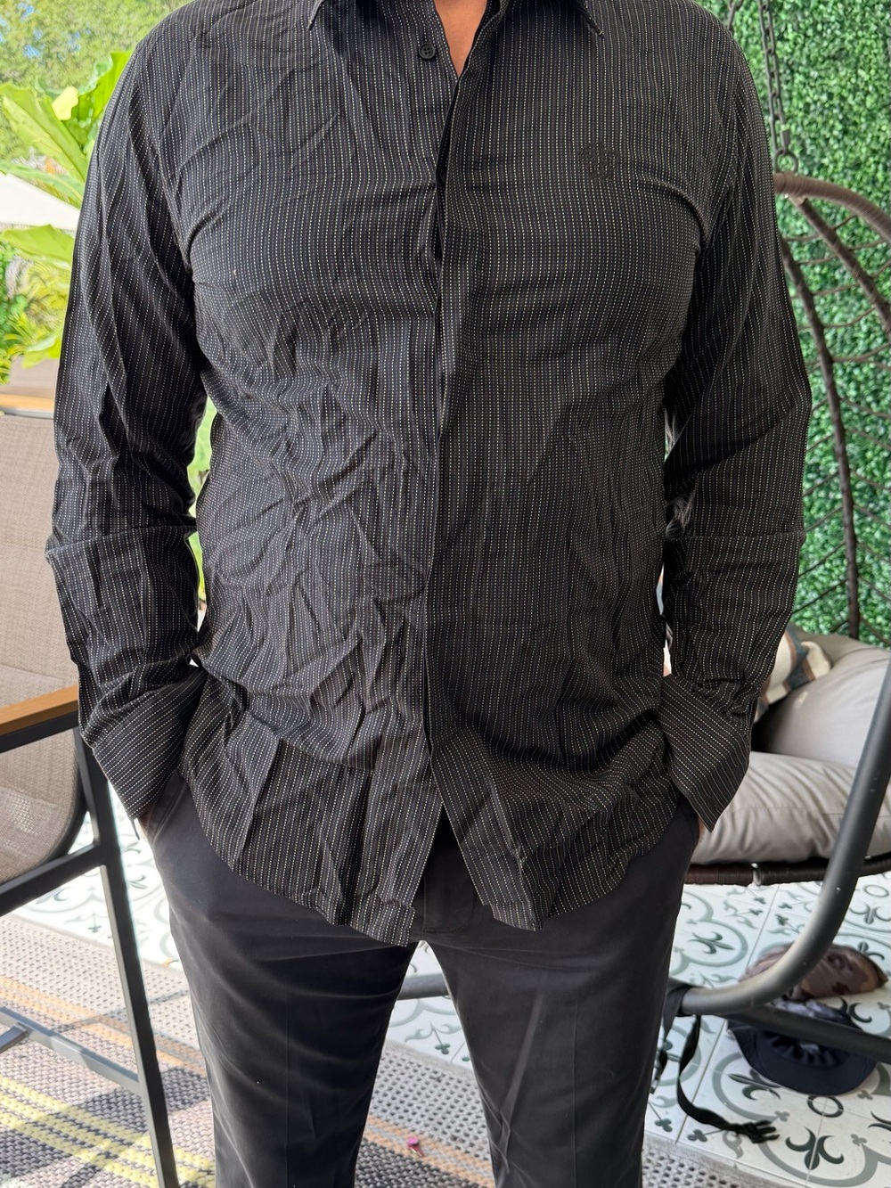 Vintage Versace Jeans Collection Black Pinstripe Black Casual Button-Down Shirt